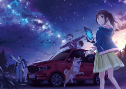 Rule 34 | 2girls, 3boys, absurdres, black hair, blunt bangs, blurry, blurry foreground, brown hair, car, dog, family, highres, hood, hood down, hooded jacket, husband and wife, jacket, long hair, meteor shower, milky way, motor vehicle, multiple boys, multiple girls, open clothes, open jacket, open mouth, original, outdoors, pointing, ponytail, short hair, siblings, sky, smile, sports utility vehicle, standing, star (sky), star chart, starry sky, sunset, taka (tsmix), telescope, tree, walking