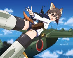Rule 34 | 1girl, aircraft, airplane, animal ears, ass, blue one-piece swimsuit, blush, breasts, brown eyes, brown hair, dress, female focus, flying, gun, highres, kaneko (novram58), looking back, military, military uniform, miyafuji yoshika, one-piece swimsuit, open mouth, raccoon ears, raccoon tail, rifle, sailor dress, shiny clothes, short hair, sky, small breasts, solo, strike witches, striker unit, swimsuit, tail, uniform, weapon, world witches series
