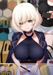 Rule 34 | 2girls, 3:, black shirt, blonde hair, blurry, blurry background, bob cut, breasts, cellphone, choker, closed mouth, commentary request, depth of field, flying sweatdrops, halterneck, head tilt, highres, holding, holding pen, holding phone, indoors, jacket, jacket on shoulders, large breasts, multiple girls, original, pen, phone, see-through, shirt, short hair, sign, sitting, smartphone, solo focus, taut clothes, taut shirt, xiujia yihuizi, yellow eyes