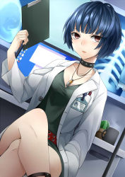 Rule 34 | 10s, 1girl, bare legs, belt, blush, breasts, cactus, choker, cleavage, clipboard, desktop, doctor, highres, id card, jewelry, lab coat, crossed legs, looking at viewer, monitor, necklace, nemu (nebusokugimi), persona, persona 5, short hair, small breasts, solo, spiked choker, spikes, takemi tae, x-ray