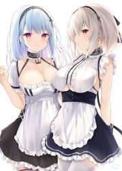 Rule 34 | 2girls, absurdres, anchor symbol, apron, arms behind back, azur lane, bare shoulders, black dress, black hairband, blue hair, blunt bangs, bracer, breasts, center frills, choker, cleavage, closed mouth, clothing cutout, collar, collarbone, commentary, cosplay, costume switch, cowboy shot, dido (azur lane), dido (azur lane) (cosplay), dress, earrings, frilled apron, frilled choker, frilled dress, frills, hair between eyes, hairband, hand up, heart, heart earrings, highres, jewelry, kiri celea, large breasts, long hair, looking at viewer, maid apron, metal collar, multiple girls, puffy short sleeves, puffy sleeves, purple eyes, red eyes, short hair, short sleeves, sidelocks, signature, simple background, sirius (azur lane), sirius (azur lane) (cosplay), skindentation, sleeveless, smile, standing, thighhighs, underboob, underboob cutout, waist apron, white apron, white background, white hair, white legwear, zettai ryouiki