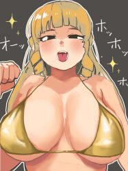 1girl absurdres bikini blonde_hair blush breasts gold_bikini hand_up highres kaneda_mochiko large_breasts long_hair looking_at_viewer mount_celeb_kaneda-san open_mouth sparkle swimsuit upper_body wani_wani