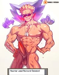 Rule 34 | 1boy, abs, bara, bare pectorals, blonde hair, blue eyes, collarbone, completely nude, creatures (company), dog tags, english text, erection, game freak, gen 1 pokemon, hand on own hip, haunter, highres, jewelry, large penis, male focus, muscular, na insoo, navel, necklace, nintendo, nipples, nude, paid reward available, pectorals, penis, pokemon, pokemon (creature), pokemon hgss, precum, shiny skin, sunglasses, surge (pokemon), teeth