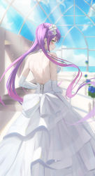 Rule 34 | 1girl, absurdres, back, back bow, back focus, backless dress, backless outfit, bad id, bad pixiv id, bare back, blue flower, blue sky, blurry, blurry background, blush, bow, breasts, bride, cloud, cross-laced clothes, cross-laced dress, dress, earrings, elbow gloves, flower, from behind, gloves, green eyes, hair flower, hair ornament, highres, hololive, indoors, jewelry, large bow, layered dress, light rays, long dress, long hair, looking back, median furrow, medium breasts, multicolored hair, necklace, ocean, parted lips, pearl earrings, pearl necklace, pink hair, purple hair, renge (730), shadow, sidelocks, sky, solo, streaked hair, tokoyami towa, twintails, virtual youtuber, wedding dress, white bow, white dress, white gloves