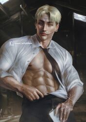 Rule 34 | 1boy, abs, black pants, blonde hair, bottle, chainsaw man, closed mouth, earrings, facial hair, highres, holding, holding bottle, jewelry, kishibe (chainsaw man), looking at viewer, male focus, navel, necktie, nipple piercing, nipples, open clothes, open shirt, pants, patreon username, pectorals, piercing, scar, scar on face, scar on mouth, shirt, short hair, solo, white shirt, xteve abanto