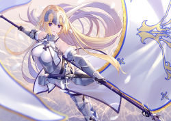 Rule 34 | 1girl, armor, armored dress, bare shoulders, blonde hair, blush, breasts, chain, commentary, fate/grand order, fate (series), feet out of frame, from above, gauntlets, headpiece, highres, jeanne d&#039;arc (fate), jeanne d&#039;arc (ruler) (fate), jeanne d&#039;arc (third ascension) (fate), large breasts, long hair, open mouth, purple eyes, sheath, sheathed, solo, standard bearer, standing, takubon, very long hair, wind