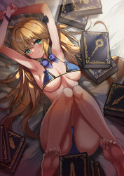 Rule 34 | 1girl, absurdres, ahoge, artoria caster (fate), artoria pendragon (fate), bare shoulders, barefoot, bed, bed sheet, berserker class (fate), bikini, black bow, black bracelet, blonde hair, blue bikini, blue panties, blush, book, bow, bracelet, breasts, caster class (fate), closed mouth, fate/grand order, fate (series), feet, full body, green eyes, hair between eyes, hair ornament, hands up, highres, jewelry, lancer class (fate), leg up, legs, legs together, long hair, looking at viewer, panties, purple bow, ralf, saber class (fate), shadow, simple background, small breasts, smile, soles, solo, sunlight, swimsuit, toes, twintails, underwear