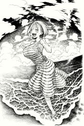 Rule 34 | 1girl, armpits, beach, blush, breasts, clenched hands, closed eyes, cloud, cloudy sky, dress, fisheye, greyscale, hands up, highres, hirune (imomonono), large breasts, monochrome, open mouth, original, short hair, sky, smile, solo, striped clothes, striped dress, water, waves, wet