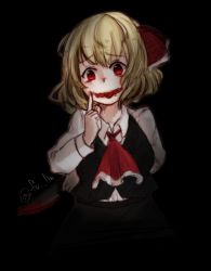 Rule 34 | 1girl, blonde hair, blood, blood on face, bloody knife, dark, fuutou (huutouhu), knife, open mouth, red eyes, rumia, shirt, short hair, solo, tongue, tongue out, touhou, vest