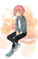 Rule 34 | 1girl, absurdres, alternate costume, bob cut, casual, cigarette, contemporary, flat chest, highres, jacket, komeiji satori, looking at viewer, open clothes, open jacket, pants, permanentlow, pink hair, shoes, short hair, sitting, smoking, sneakers, solo, third eye, touhou