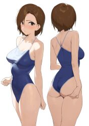 Rule 34 | 1girl, absurdres, alternate costume, ass, asymmetrical bangs, blue one-piece swimsuit, blush, breasts, brown hair, collarbone, commentary request, forehead, highres, idolmaster, idolmaster cinderella girls, looking at viewer, medium breasts, mizuki seira, multiple views, onao, one-piece swimsuit, short hair, simple background, swimsuit, underbutt, white background