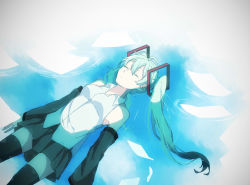 Rule 34 | 1girl, arms at sides, black skirt, detached sleeves, eiku, expressionless, eyebrows hidden by hair, closed eyes, floating hair, hatsune miku, highres, long hair, paper, partially submerged, shirt, skirt, sleeveless, sleeveless shirt, solo, submerged, thighhighs, twintails, very long hair, vocaloid, water, white shirt