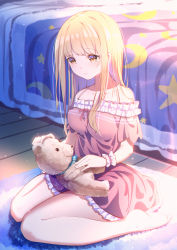 Rule 34 | 1girl, absurdres, bare shoulders, barefoot, bed, blonde hair, blush, breasts, brown eyes, closed mouth, collarbone, commentary request, copyright request, crescent, dress, frilled dress, frills, full body, highres, holding, holding stuffed toy, indoors, long hair, medium breasts, menghuan tian, off-shoulder dress, off shoulder, pink dress, short sleeves, sitting, smile, soles, solo, star (symbol), stuffed animal, stuffed toy, teddy bear, wariza, wooden floor, wrist cuffs