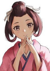 Rule 34 | 1girl, ace attorney, bluejay, brown eyes, brown hair, hair ribbon, hair rings, hair up, highres, japanese clothes, kimono, medium hair, pink kimono, ribbon, simple background, smile, solo, steepled fingers, susato mikotoba, the great ace attorney, the great ace attorney: adventures, upper body, white background, white ribbon