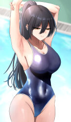 Rule 34 | absurdres, armpits, arms up, black hair, blue one-piece swimsuit, blurry, blurry background, blush, breasts, competition school swimsuit, covered navel, groin, hair between eyes, highres, holding own arm, idolmaster, idolmaster shiny colors, itapi, large breasts, long hair, looking down, one-piece swimsuit, ponytail, school swimsuit, shirase sakuya, sideboob, smile, swimsuit, very long hair