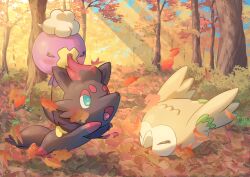Rule 34 | &gt; &lt;, animal focus, autumn leaves, bird, black fur, blue eyes, closed eyes, colored skin, commentary request, creatures (company), drifloon, forest, game freak, gen 4 pokemon, gen 5 pokemon, gen 7 pokemon, highres, mokukitusui, nature, nintendo, no humans, open mouth, owl, pokemon, pokemon (creature), purple skin, rowlet, tree, wings, zorua