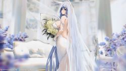 Rule 34 | 1girl, animal ears, artist name, ass, azur lane, backless dress, backless outfit, between buttocks, blue eyes, blue flower, blurry, blurry background, bouquet, breasts, butt crack, closed mouth, couch, dan-98, depth of field, dress, flower, from behind, gloves, hair between eyes, highres, holding, holding bouquet, huge breasts, long hair, looking at viewer, looking back, new jersey (azur lane), new jersey (snow-white ceremony) (azur lane), paid reward available, patreon logo, patreon username, pixiv logo, see-through, solo, standing, tareme, veil, very long hair, watermark, web address, wedding dress, white gloves, yellow flower