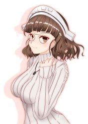 Rule 34 | 1girl, absurdres, bad id, bad twitter id, blunt bangs, brown eyes, brown hair, eyewear strap, glasses, highres, jewelry, kantai collection, looking at viewer, necklace, pince-nez, ribbed sweater, roma (kancolle), sakami senka, simple background, smile, solo, sweater, turtleneck, turtleneck sweater, upper body, wavy hair, white background, white sweater