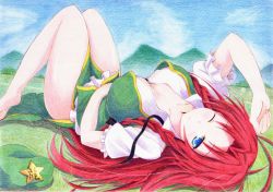 Rule 34 | 1girl, barefoot, blue eyes, bow, braid, breasts, chinese clothes, cleavage, hat, hong meiling, kittona, large breasts, long hair, lying, on back, red hair, skirt, skirt set, solo, star (symbol), touhou, twin braids