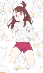 Rule 34 | absurdres, artist name, bad id, bad pixiv id, barefoot, belly, bird, brown hair, chicken, from above, full body, hand up, head tilt, highres, kagari atsuko, little witch academia, long hair, looking at viewer, lying, navel, once 11h, open mouth, red eyes, red shorts, shirt, short sleeves, shorts, solo, white background, white shirt