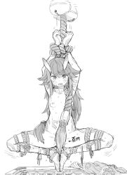 Rule 34 | 1girl, arms up, bdsm, blush, bondage, bound, bound wrists, braid, breasts, character request, feet together, female focus, greyscale, long hair, monochrome, nipples, nude, open mouth, small breasts, solo, survival yaiba