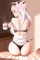 Rule 34 | 1girl, 2020, absurdres, artist name, artist request, ass, azur lane, back, bed, blush, coffee cup, cup, disposable cup, heart symbol, highres, lipstick mark, looking back, prinz eugen (azur lane), self hug, smile, solo, underwear
