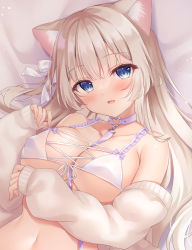 Rule 34 | 1girl, absurdres, animal ears, armpit crease, bare shoulders, between breasts, blue eyes, bow, bra, breasts, brown hair, cat ears, choker, cleavage, collarbone, covered erect nipples, frilled bra, frills, front-tie bra, front-tie top, hair bow, highres, large breasts, long hair, long sleeves, looking at viewer, lying, navel, off shoulder, on back, one side up, open mouth, original, purple choker, shiono (0303), smile, solo, stomach, string bra, underwear, white bra