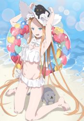 Rule 34 | 1girl, :d, abigail williams (fate), abigail williams (swimsuit foreigner) (fate), abigail williams (swimsuit foreigner) (third ascension) (fate), absurdly long hair, absurdres, animal, animal on head, armpits, arms up, bare arms, bare legs, bare shoulders, barefoot, beach, bikini, black cat, blue eyes, bow, breasts, bright pupils, cat, cat on head, cleavage, fate/grand order, fate (series), groin, hat, hat bow, heart, highres, innertube, kneeling, long hair, navel, on head, open mouth, orange hair, pretty-purin720, shadow, smile, star (symbol), swim ring, swimsuit, teeth, very long hair, water, white bikini, white bow, white headwear