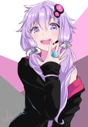Rule 34 | &gt; &lt;, 1girl, bare shoulders, blush, commentary, finger to mouth, hair ornament, halha 20, hand up, headset, highres, jacket, unworn jacket, jewelry, light blush, looking at viewer, microphone, open mouth, purple eyes, purple hair, ring, short hair with long locks, shoulder blush, signature, smile, solo, upper body, vocaloid, voiceroid, yuzuki yukari
