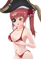 Rule 34 | 1girl, 5%, :q, bare shoulders, bicorne, bikini, black hat, blush, breast hold, breasts, bukkake, cleavage, cum, cum on body, cum on breasts, cum on upper body, eyepatch, facial, gold trim, hair ribbon, halterneck, hat, heart, heart-shaped pupils, heart necklace, highres, hololive, houshou marine, houshou marine (summer), jewelry, large breasts, long hair, looking at viewer, navel, necklace, pirate, red bikini, red eyes, red hair, red ribbon, ribbon, smile, solo, string bikini, swimsuit, symbol-shaped pupils, thighs, tongue, tongue out, twintails, virtual youtuber