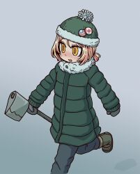 Rule 34 | 1girl, axe, badge, beanie, blonde hair, boots, button badge, coat, fate/grand order, fate (series), fur collar, green coat, grey background, hat, highres, holding, holding axe, leg up, open mouth, paul bunyan (fate), riyo (lyomsnpmp), running, short ponytail, smile, solo, winter clothes, yellow eyes