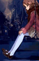 Rule 34 | 1girl, blurry, brown eyes, brown hair, coat, depth of field, dorsiflexion, enpera, from side, night, original, outdoors, pantyhose, pleated skirt, profile, scarf, sitting, skirt, solo, swing, tan (tangent), white pantyhose