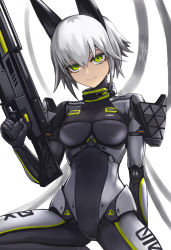 Rule 34 | 1girl, animal ears, armor, bodysuit, collar, commentary request, fake animal ears, green eyes, gun, highres, holding, holding gun, holding weapon, joints, looking at viewer, mecha musume, original, rifle, robot joints, short hair, shoulder armor, smile, solo, sunao (70 the), trigger discipline, weapon, white hair