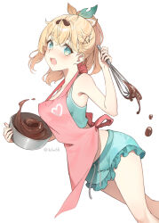 Rule 34 | 1991 (blz), 1girl, apron, bare arms, bare shoulders, blonde hair, blue camisole, blue eyes, blue shorts, blush, camisole, chocolate, commentary, drawstring, english commentary, feet out of frame, frilled shorts, frills, hair between eyes, hair ornament, hairclip, heart, highres, holding, hololive, kazama iroha, looking at viewer, open mouth, pink apron, ponytail, short shorts, shorts, simple background, solo, virtual youtuber, wavy mouth, whisk, white background, x hair ornament