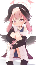 Rule 34 | 1girl, absurdres, ayanepuna, bare shoulders, beret, black choker, black footwear, black hat, black shirt, black wings, blouse, blue archive, blue one-piece swimsuit, blush, choker, closed mouth, collarbone, feathered wings, halo, hat, head wings, highres, hugging object, hugging own legs, knees up, koharu (blue archive), long hair, long sleeves, loose socks, low wings, off shoulder, one-piece swimsuit, pink eyes, pink hair, pleated skirt, puffy long sleeves, puffy sleeves, purple skirt, sailor collar, school swimsuit, shirt, shoes, sitting, skirt, sleeves past wrists, socks, solo, sweat, swimsuit, swimsuit under clothes, twintails, wavy hair, wavy mouth, white background, white sailor collar, white socks, wings