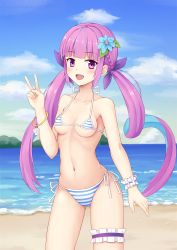 Rule 34 | 1girl, ahoge, bare shoulders, beach, bikini, blue bikini, blue flower, blue hair, blush, braid, breasts, cleavage, cloud, collarbone, colored inner hair, commentary request, day, flower, hair ornament, hair ribbon, highres, hololive, long hair, looking at viewer, medium breasts, minato aqua, minato aqua (hololive summer 2019), multicolored hair, navel, ocean, open mouth, outdoors, purple eyes, purple hair, ribbon, shu pian, smile, solo, striped bikini, striped clothes, swimsuit, twintails, two-tone hair, v, virtual youtuber