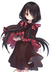 Rule 34 | 1girl, arms behind back, black capelet, black hair, black neckwear, black skirt, blush, capelet, closed mouth, collared shirt, date a live, dress shirt, floating hair, hair over one eye, hair ribbon, highres, long hair, looking at viewer, low twintails, medium skirt, pink ribbon, red eyes, ribbon, shirt, signature, simple background, skirt, smile, solo, standing, sumi (oyasumie), tokisaki kurumi, twintails, very long hair, white background, white shirt, wing collar