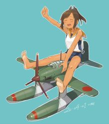 Rule 34 | 1girl, aichi m6a seiran, aircraft, airplane, barefoot, blue background, brown hair, dated, closed eyes, full body, hair ornament, hairclip, i-401 (kancolle), kantai collection, kawashina (momen silicon), one-piece swimsuit, one-piece tan, orange sailor collar, parasite aircraft, ponytail, riding, sailor collar, school swimsuit, seaplane, shirt, short ponytail, side-tie shirt, signature, simple background, sleeveless, sleeveless shirt, smile, solo, swimsuit, swimsuit under clothes, tan, tanline, vehicle focus
