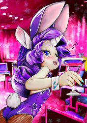 Rule 34 | 1girl, animal ears, aqua nails, ass, bare shoulders, blue eyes, blush, cameo, chair, closed eyes, cup, curly hair, diamond (gemstone), drinking glass, fake animal ears, fishnet pantyhose, fishnets, highres, horns, leotard, long hair, makeup, my little pony, my little pony: friendship is magic, nail polish, one eye closed, pantyhose, personification, playboy bunny, purple hair, rabbit ears, rabbit tail, rarity (my little pony), single horn, skyshek, solo, tail, twilight sparkle, wink, wrist cuffs