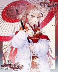 Rule 34 | 1girl, blunt bangs, bow, c bako, closed mouth, colored inner hair, down jacket, floral print, grey eyes, grey hair, hair bow, hair ornament, highres, holding, holding umbrella, jacket, japanese clothes, kimono, long hair, long sleeves, looking at viewer, multicolored hair, obi, off shoulder, oil-paper umbrella, original, print kimono, red hair, sash, sleeves past wrists, snake, solo, umbrella, upper body, white bow, white jacket, white kimono