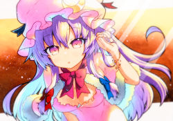 Rule 34 | 1girl, :o, adapted costume, bad id, bad twitter id, blurry, blush, bow, bowtie, breasts, capelet, cleavage, crescent, crescent hat ornament, depth of field, dress, hat, hat ornament, highres, long hair, medium breasts, mob cap, open mouth, patchouli knowledge, pink dress, purple eyes, purple hair, qqqrinkappp, red bow, ribbon, solo, touhou, upper body, very long hair