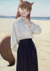 Rule 34 | 1girl, animal ears, arm at side, beach, black skirt, brown eyes, brown hair, closed mouth, fkey, fox ears, fox tail, head tilt, long skirt, long sleeves, looking at viewer, mask, mask pull, mouth mask, ocean, original, pink mask, sand, shirt, skirt, solo, standing, surgical mask, tail, white shirt