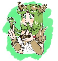 Rule 34 | 1girl, abababu000, bare shoulders, blush, bracelet, breasts, cheek bulge, choker, commission, commissioner upload, dress, eating hair, fork, green eyes, green hair, jewelry, kid icarus, kid icarus uprising, long hair, necklace, nintendo, palutena, parted bangs, pendant, simple background, skeb commission, sleeveless, sleeveless dress, smile, solo, strapless, strapless dress, upper body, very long hair, white dress