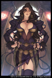 Rule 34 | 1girl, black hair, black thighhighs, border, breasts, breasts apart, center opening, cleavage, cowboy shot, dated, dress, eagleeye, eyepatch, fingernails, from below, fur trim, gargoyle, half-closed eyes, hands on own hips, high collar, jewelry, juliet sleeves, lace, lace-trimmed dress, lace trim, large breasts, lips, long fingernails, long hair, long sleeves, mature female, nail polish, no bra, oda non, official art, parted lips, plant, puffy long sleeves, puffy sleeves, red eyes, ring, smile, solo, standing, star galaxy, statue, thighhighs, very long hair, vines, wavy hair, wide hips