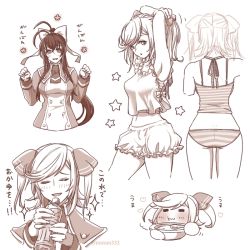 Rule 34 | 2girls, antenna hair, armpits, arms up, ass, blazblue, blazblue remix heart, bloomers, bottle, breasts, camisole, collage, genderswap, genderswap (mtf), hair ribbon, mai natsume, midriff, monochrome, multiple girls, navel, nunun, panties, ponytail, ribbon, school uniform, shiori kirihito, simple background, small breasts, solo focus, striped clothes, striped panties, translation request, twintails, two side up, underwear, water bottle