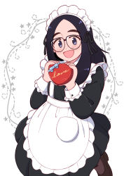 Rule 34 | 1girl, aragon honnin, black-framed eyewear, black hair, blue eyes, blush, box, brown footwear, freckles, gift, gift box, glasses, heart-shaped box, highres, holding, holding gift, long hair, long sleeves, looking at viewer, maid, maid headdress, open mouth, original, parted bangs, smile, solo