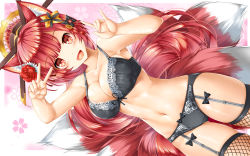 Rule 34 | 1girl, :d, animal ears, arm up, black bow, black bra, black panties, bow, bow bra, bow panties, bra, breasts, cleavage, commentary request, commission, fishnet thighhighs, fishnets, floral background, flower, fox ears, fox girl, fox shadow puppet, fox tail, garter straps, gradient background, hair flower, hair ornament, hand up, highres, kamiya tomoe, kitsune, lingerie, long hair, medium breasts, navel, open mouth, original, panties, pink background, pixiv commission, red eyes, red flower, red hair, red rose, rose, smile, solo, tail, thighhighs, underwear, underwear only, v, very long hair, virtual youtuber, white background