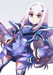 Rule 34 | 1girl, armor, armored dress, black gloves, blue armor, blue dress, blue legwear, breastplate, breasts, brown eyes, dress, melusine (fate), melusine (first ascension) (fate), fate/grand order, fate (series), faulds, forked eyebrows, gloves, haku (grimjin), hands on own hips, highres, long hair, looking at viewer, mask, pauldrons, short dress, shoulder armor, sidelocks, small breasts, solo, thighs, weapon, white hair