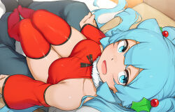 Rule 34 | 1boy, 1girl, :d, abmayo, alternate costume, alternate hair ornament, bare shoulders, black pants, blush, breasts, detached sleeves, from above, green eyes, hair ornament, hatsune miku, long hair, medium breasts, no shoes, open mouth, pants, red shirt, red sleeves, red thighhighs, shirt, sitting, sleeveless, sleeveless shirt, smile, solo focus, thighhighs, twintails, vocaloid