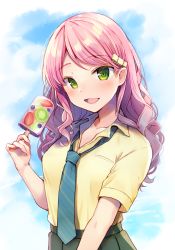 Rule 34 | 1girl, blouse, blue necktie, blush, collared shirt, curly hair, day, diagonal-striped clothes, diagonal-striped necktie, food, green eyes, highres, long hair, looking at viewer, momoirone, necktie, open mouth, original, outdoors, pink hair, pleated skirt, popsicle, shirt, simple background, skirt, solo, striped clothes, striped necktie, swept bangs, uniform, yellow shirt